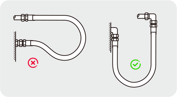 When the bending radius is too small, it is advisable to use a right angle joint to avoid sharp bends in the hose.